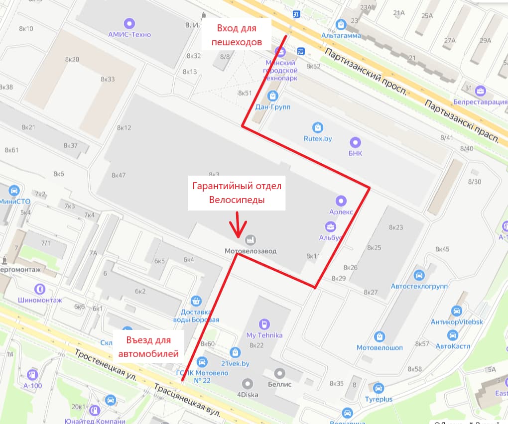 Карта проезда к гарантийному отделу велосипедов ООО «МотоВелоЗавод» на Партизанском проспекте 8