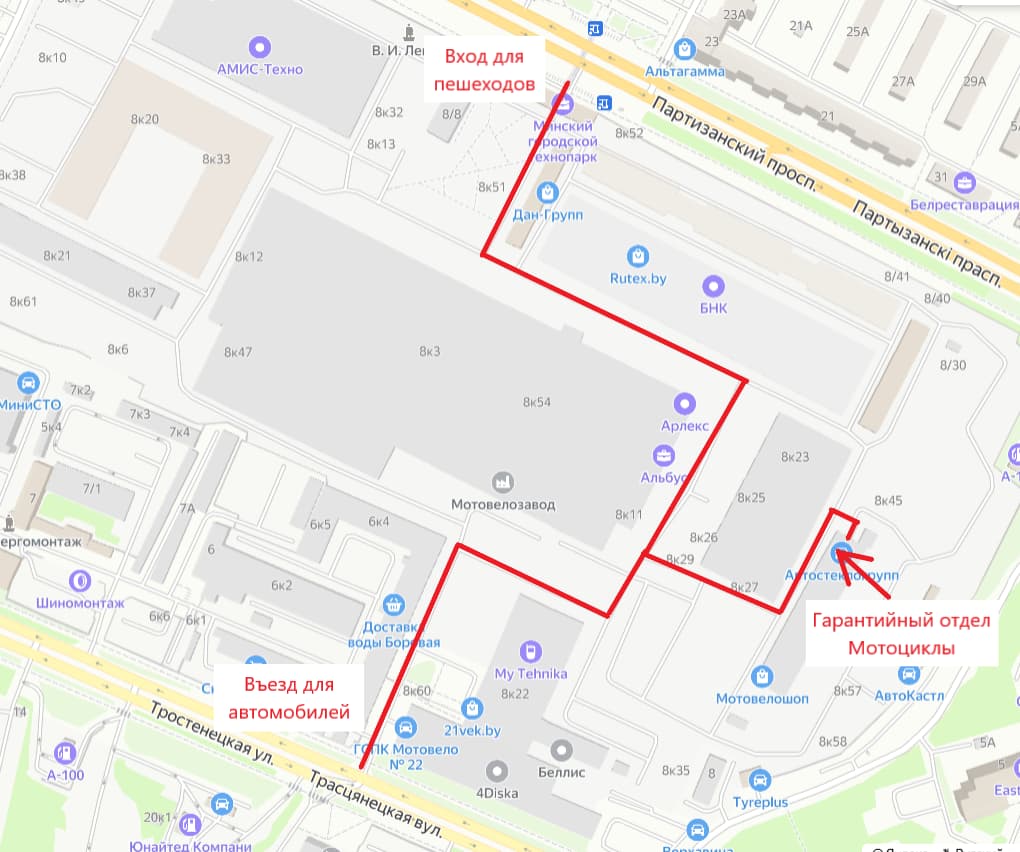 Карта проезда к гарантийному отделу мотоциклов ООО «МотоВелоЗавод» на Партизанском проспекте 8